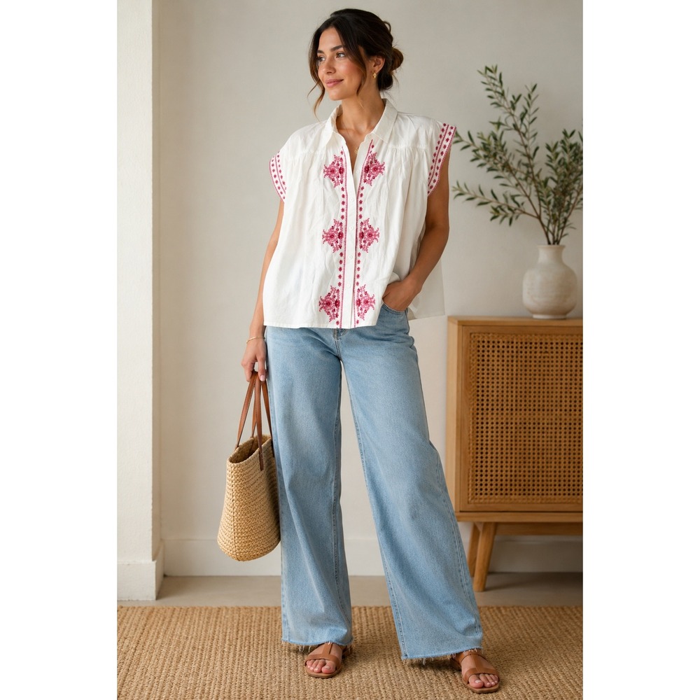 Bindu Esmeralda Embroidered Cotton Blouse White Pink Boho Cottagecore NWT Large